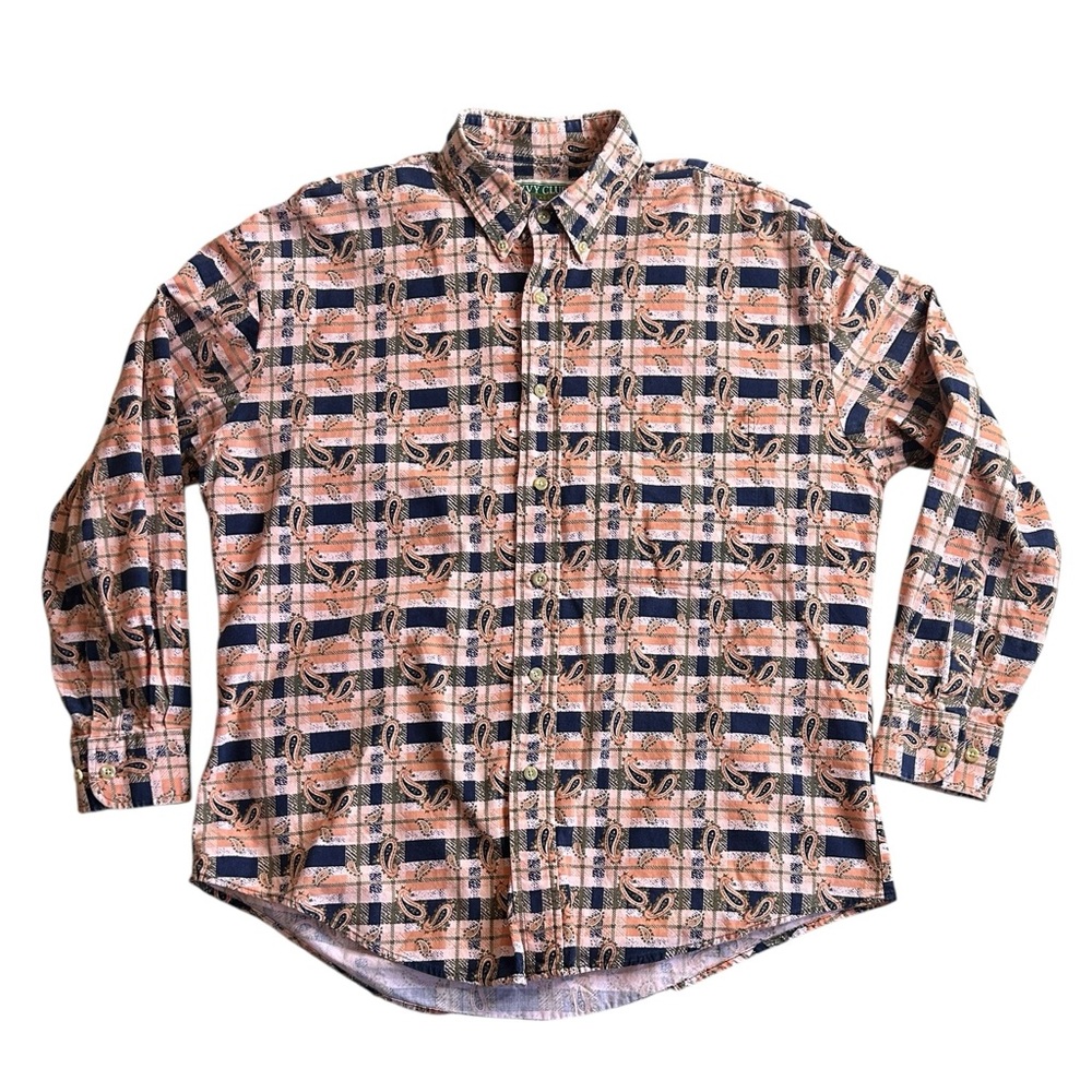 Vintage Ivy Club Button Down Shirt Mens L Paisley Plaid‎ Long Sleeve Retro 90s